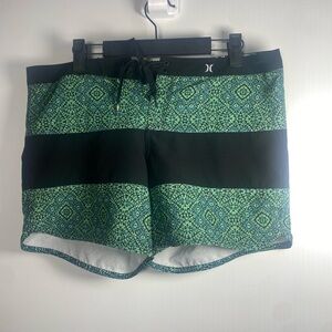 Hurley Green and Black Geometric Swim Shorts